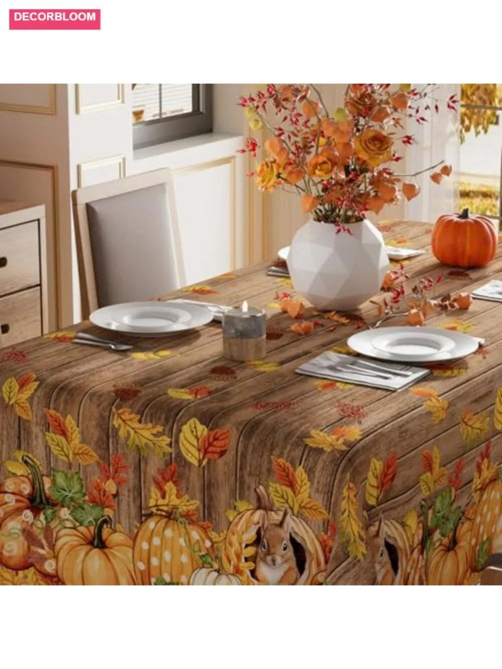 Fall Squirrel Pumpkin Rectangular Tablecloth 60x84 Inch Polyester